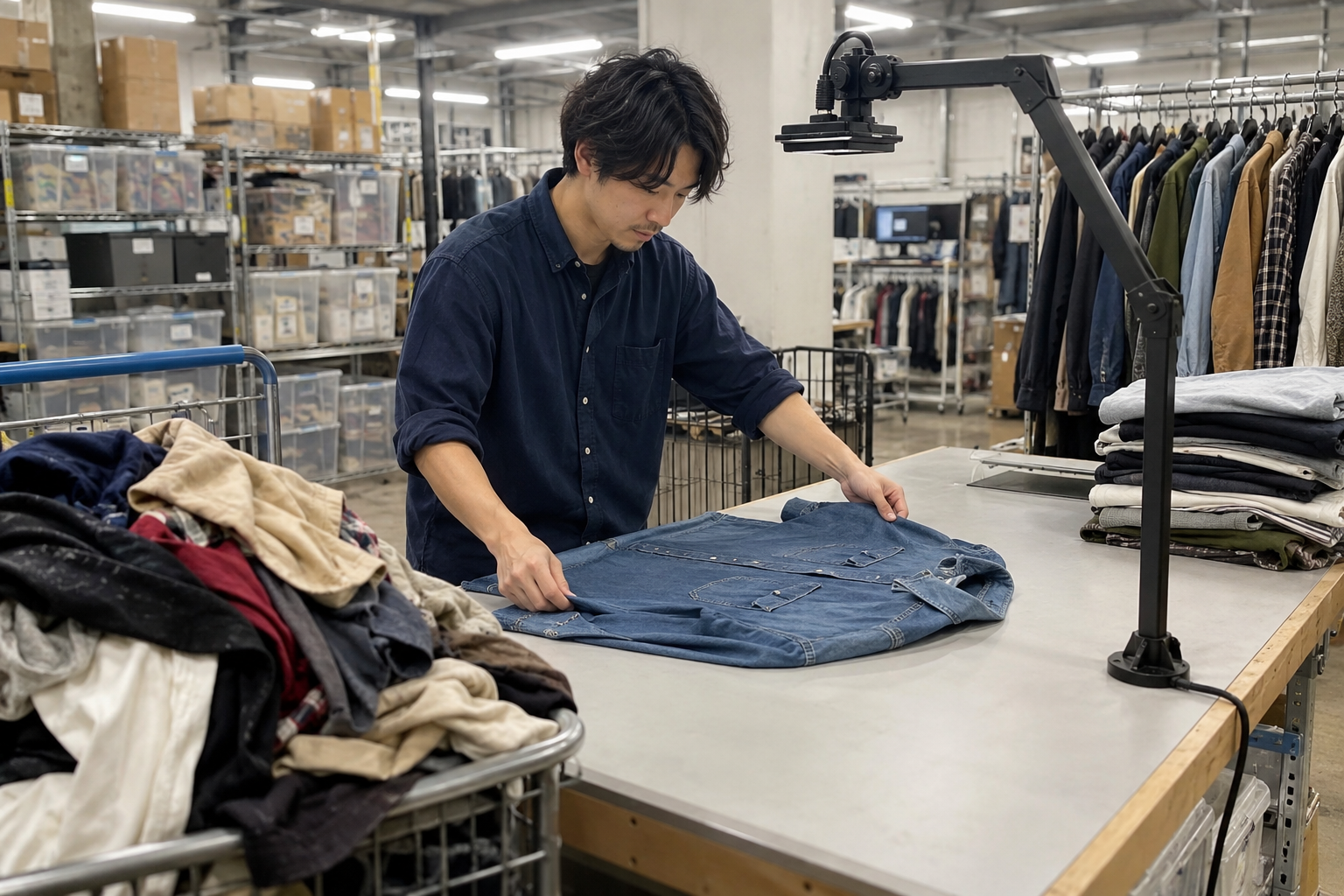 倉庫の作業台で、未処理の衣類を順番に広げてスキャンする若い男性スタッフ。AI生成の利用イメージ。