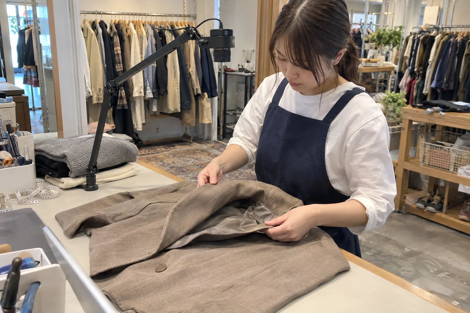 リユース店の検品台で、アームに固定したカメラの下でジャケットの状態を確かめるスタッフ。AI生成による利用イメージ。