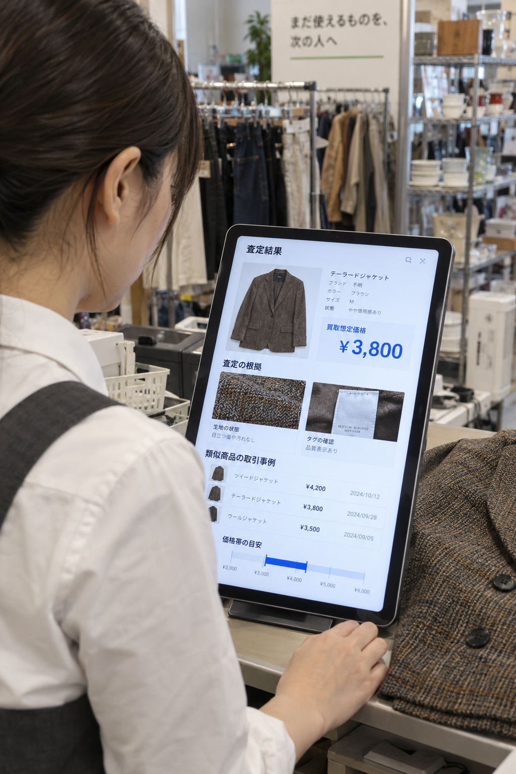 査定額とその根拠をタブレットで確認するスタッフ。AI生成の利用イメージ。